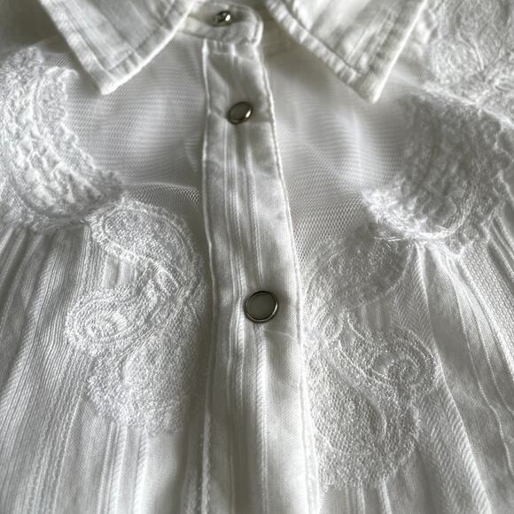 Y2K Guess White Mesh Embroidery Snap Button Women's Shirt Size L - Picture 8 of 16